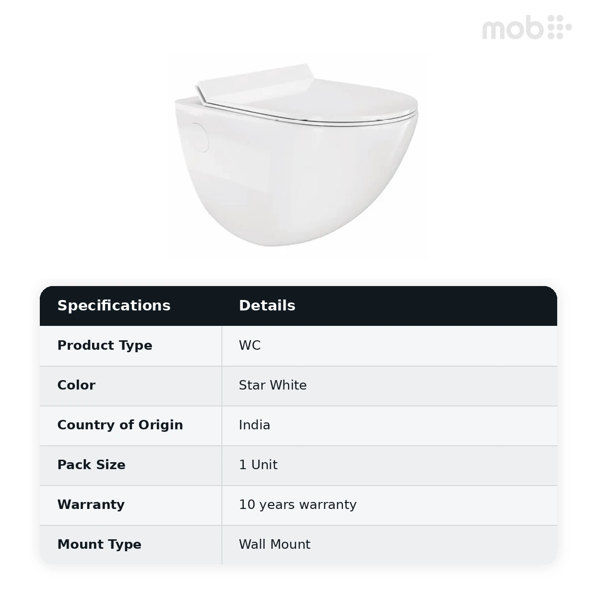 Hindware Elegance Aura Wall Mounted Toilet, Size : 520 x 370 x 360 mm, ID : 92659 (P-225), Star White - image 2