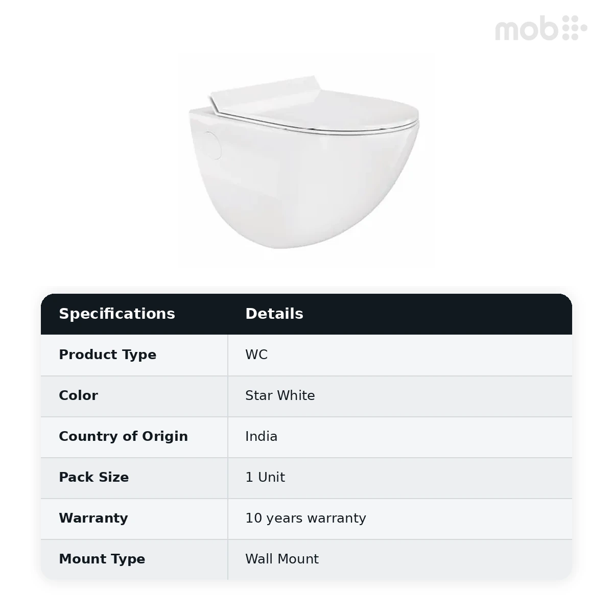 Hindware Elegance Aura Wall Mounted Toilet, Size : 520 x 370 x 360 mm, ID : 92659 (P-225), Star White - image 2