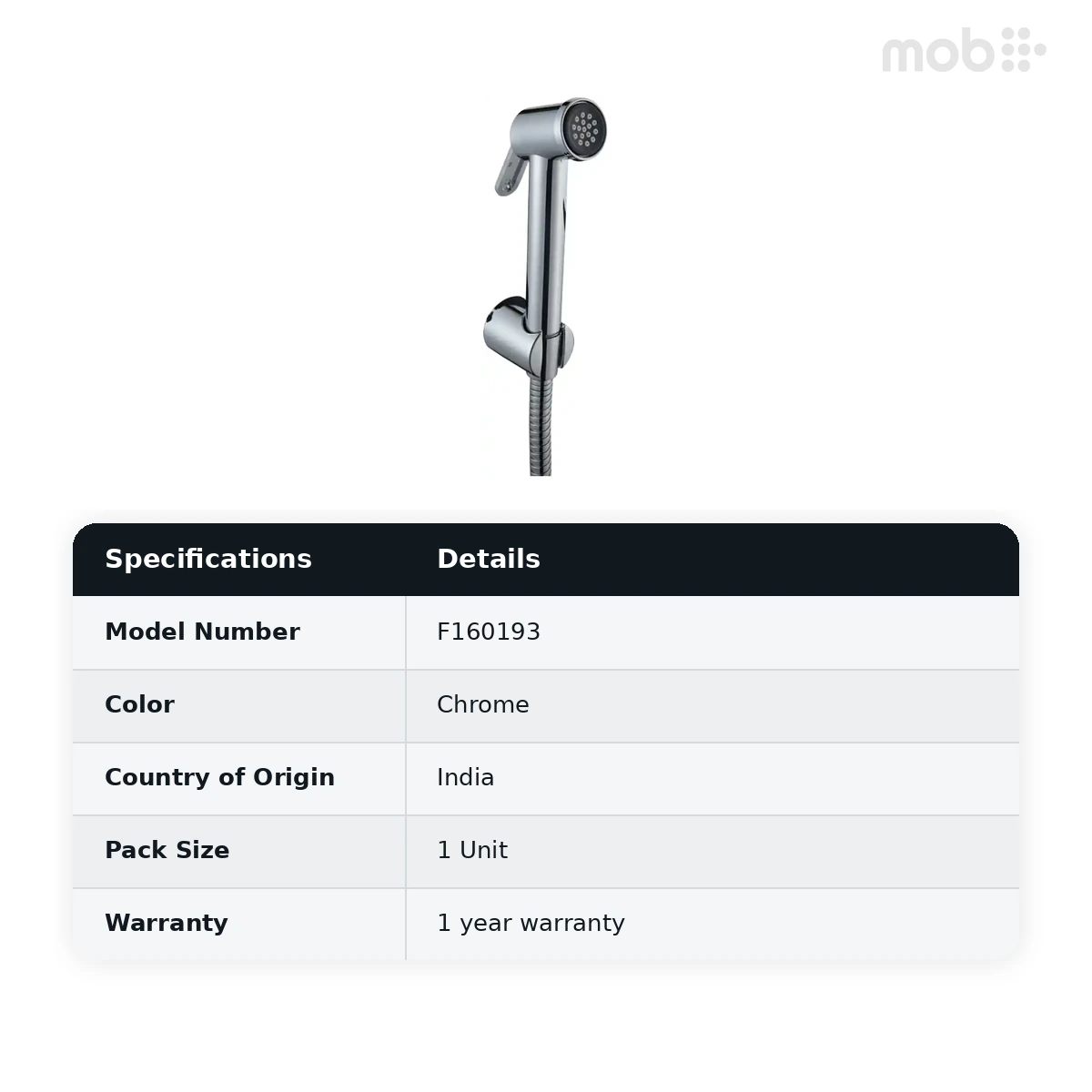 Hindware Element Health Faucet with 1.2 mtr SS Flexible Pipe & Wall Hook, Cat. No.: F160193, Chrome - image 2