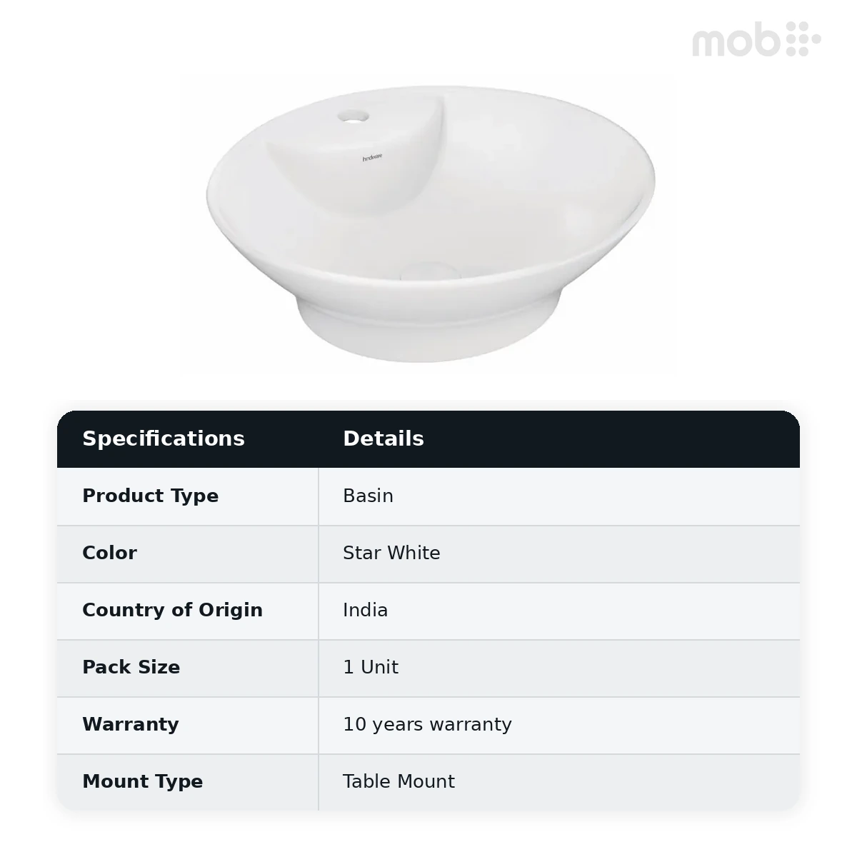 Hindware Evita Over the Counter Basin, Size : 470 x 410 x 135 mm, ID : 10101, Star White