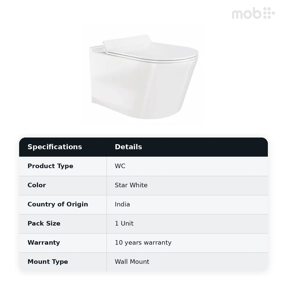 Hindware Evita Wall Mounted Toilet, Size : 550 x 360 x 365 mm, ID : 92615 (P-180), Star White - image 2