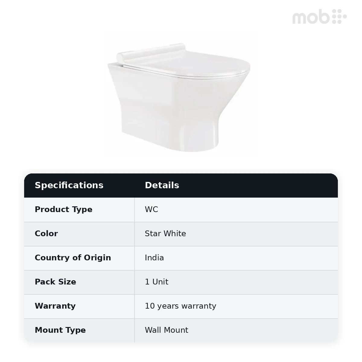 Hindware Fabio Neo Wall Mounted Toilet, Size : 510 x 360 x 350 mm, ID : 20157 (P-220), Star White - image 2