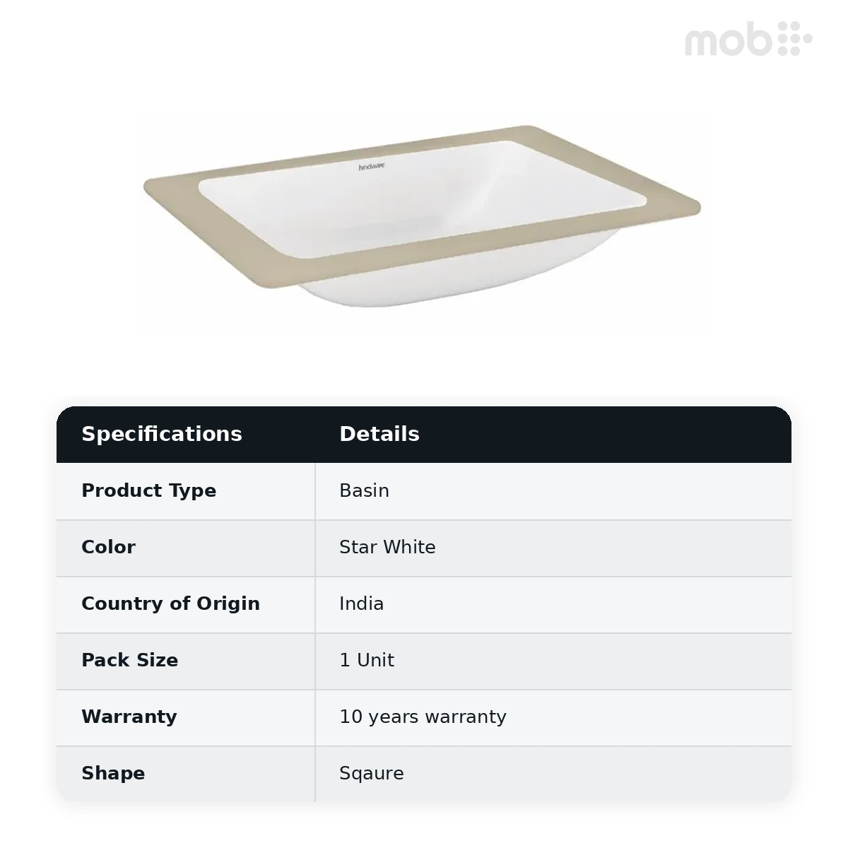 Hindware Garnet Under Counter Basin, Size : 580 x 430 mm, ID : 10080, Star White - image 2