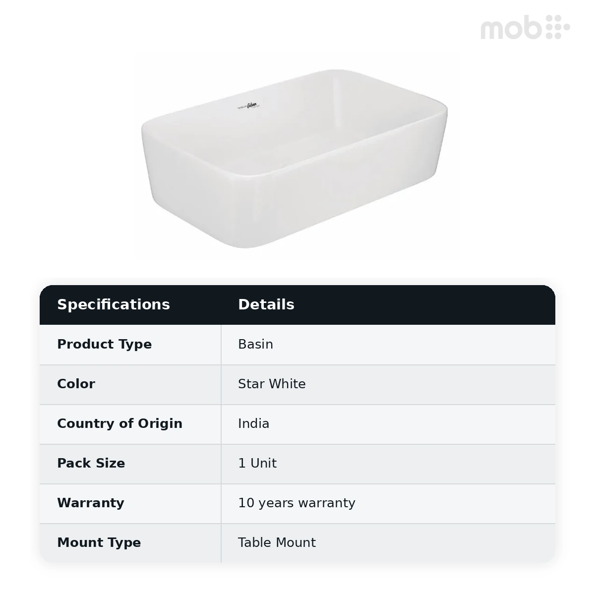Hindware Immacula Over the Counter Basin, Size : 550 x 370 x 150 mm, ID : 91205, Star White