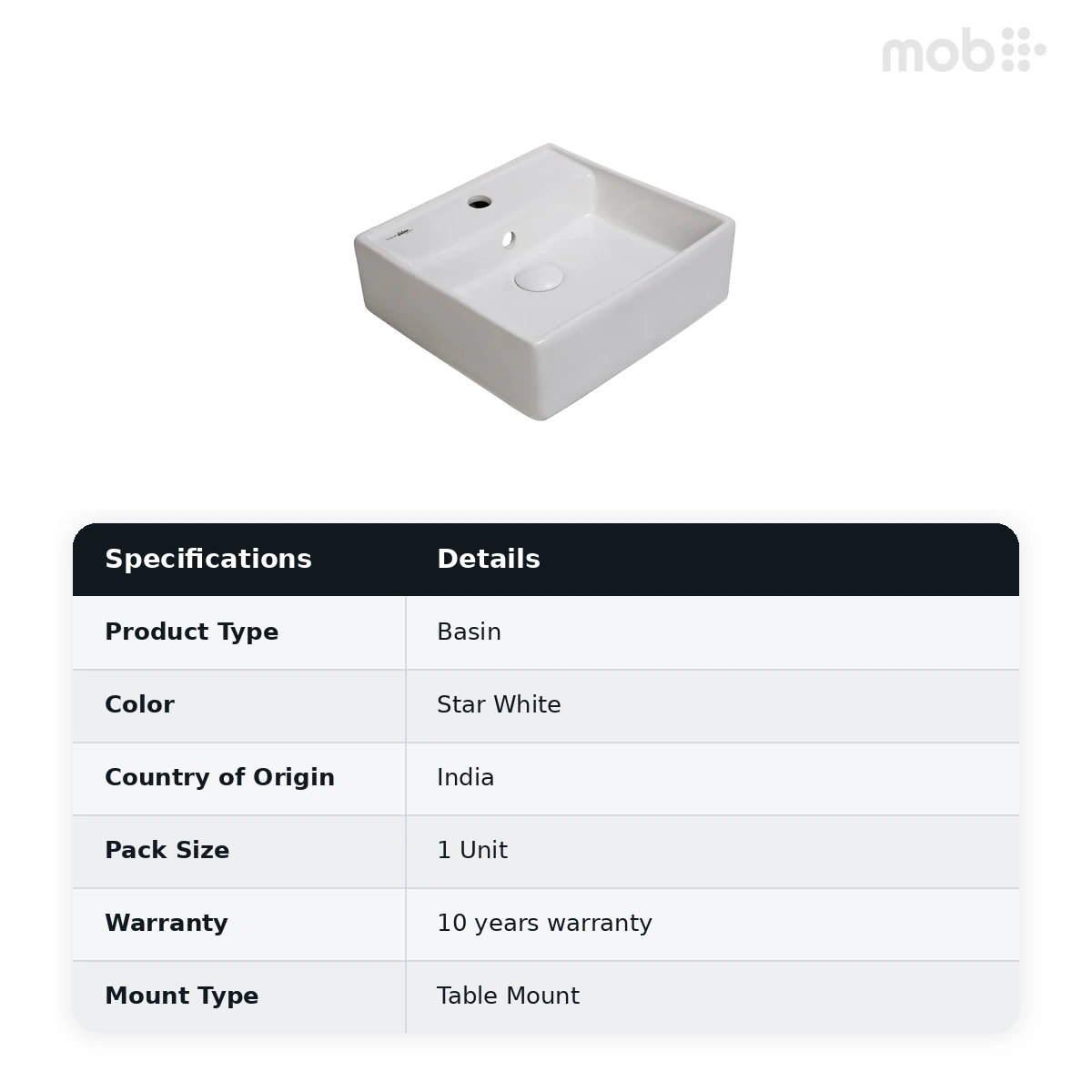 Hindware Inox Over the Counter Basin, Size : 385 x 385 x 130 mm, ID : 91050, Star White - image 2