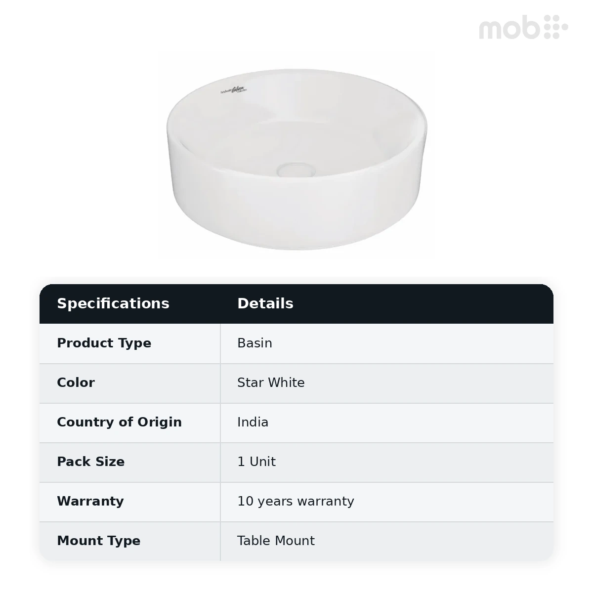 Hindware Magro R Over the Counter Basin, Size : 410 x 410 x 120 mm, ID : 91209, Star White - image 2
