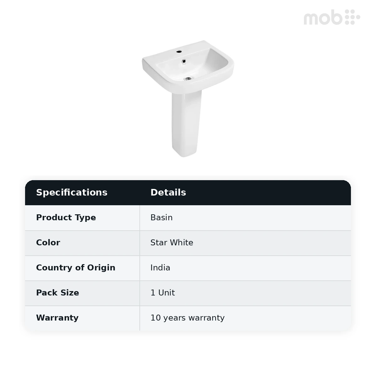 Hindware Neo Mini - Full Pedestal Basin, Size : 500 x 400 x 800 mm, Basin Cat. No. : 10099 & Ped : 11032, Star White - image 2