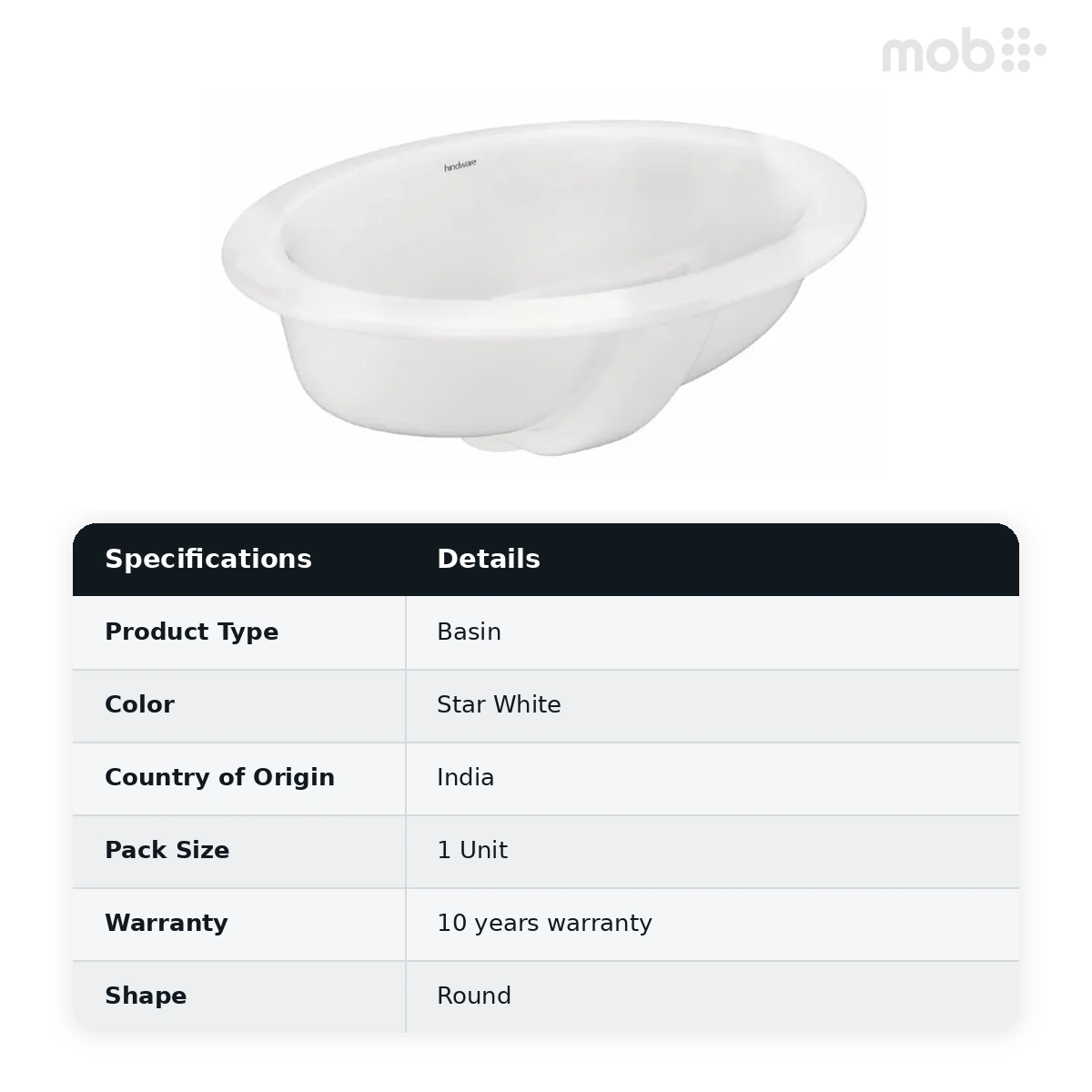 Hindware Oval Counter Top Basin, Size : 560 x 410 mm, ID : 10017, Star White - image 2