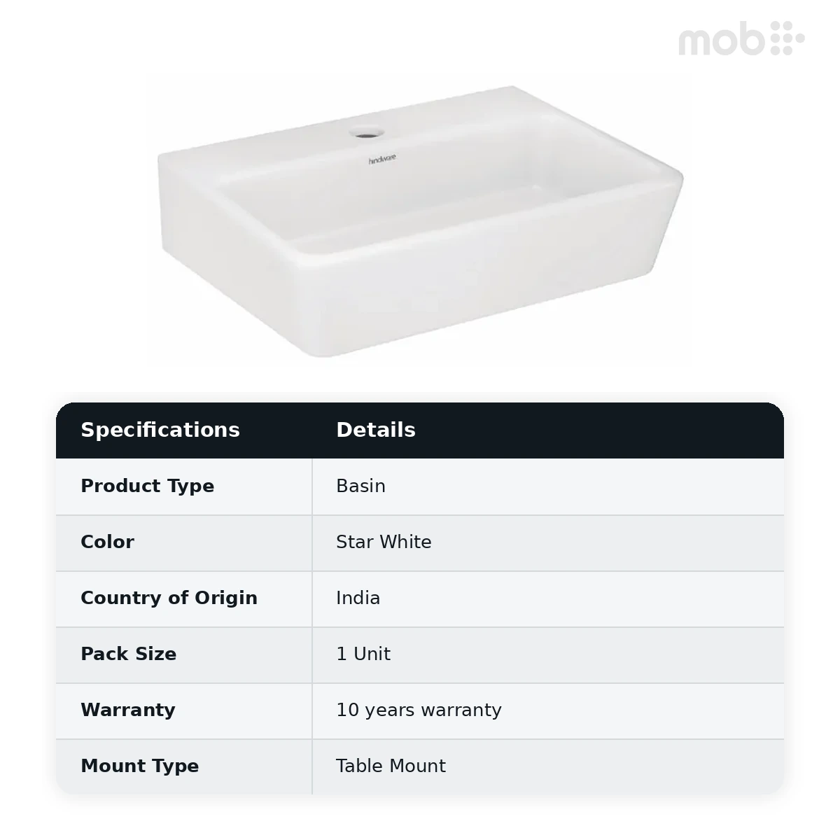 Hindware Prima Over the Counter Basin, Size : 400 x 300 x 110 mm, ID : 10128, Star White - image 2