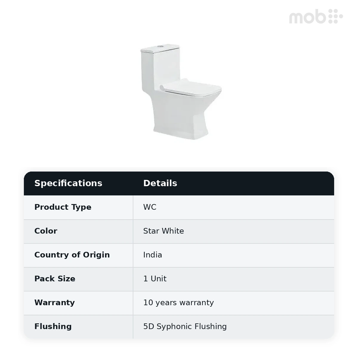 Hindware Prima Syphonic One Piece Toilet, Size : 645 x 355 x 745 mm, ID : 20182 (S-220), Star White - image 2