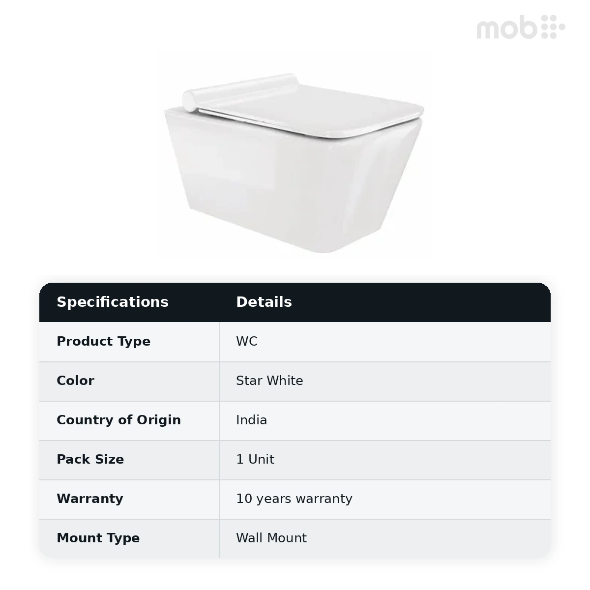 Hindware Prima Wall Mounted Toilet, Size : 500 x 350 x 350 mm, ID : 92655 (P-220), Star White - image 2