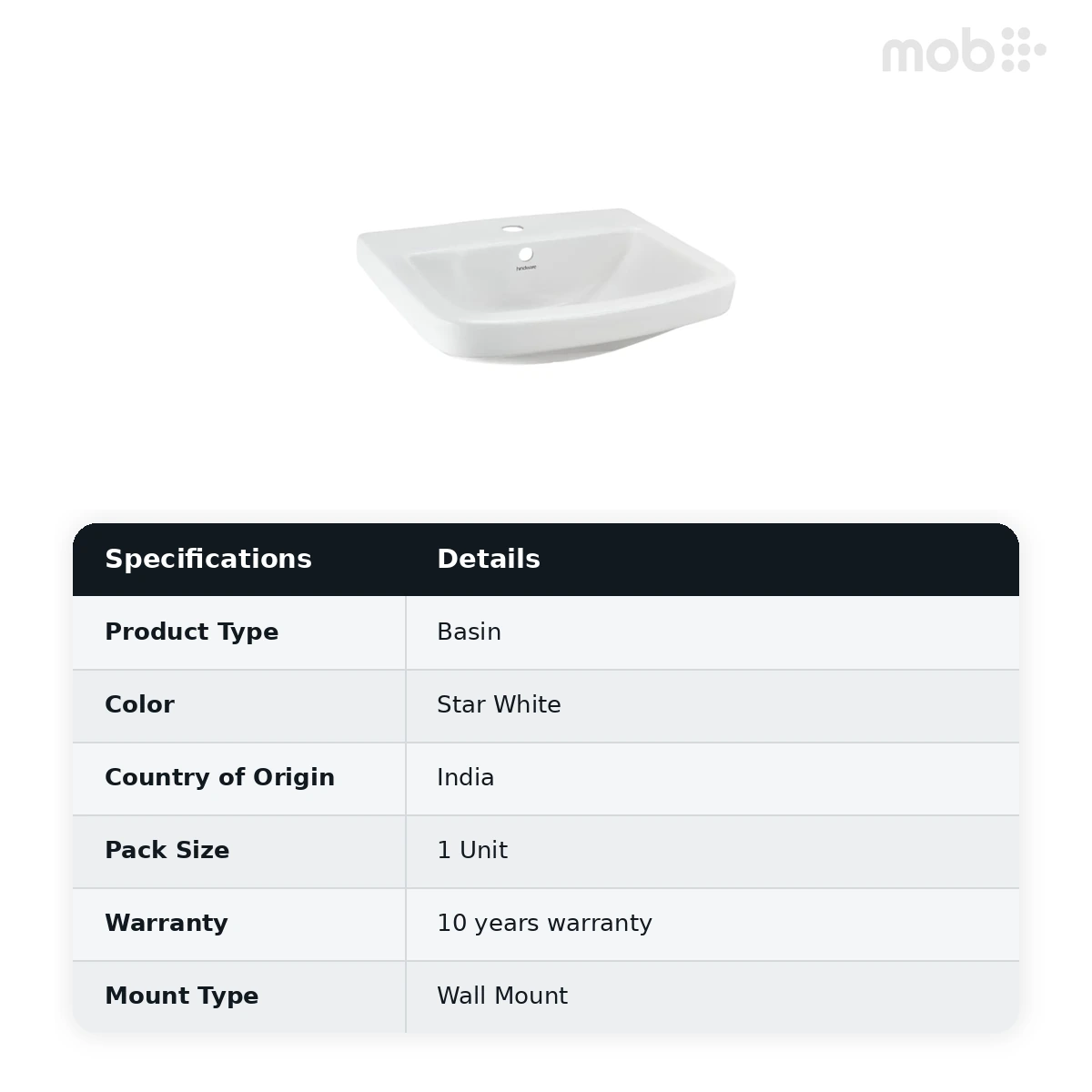 Hindware Pure Wall Hung Basin, Size : 500 x 400 mm, ID : 10127, Star White - image 2