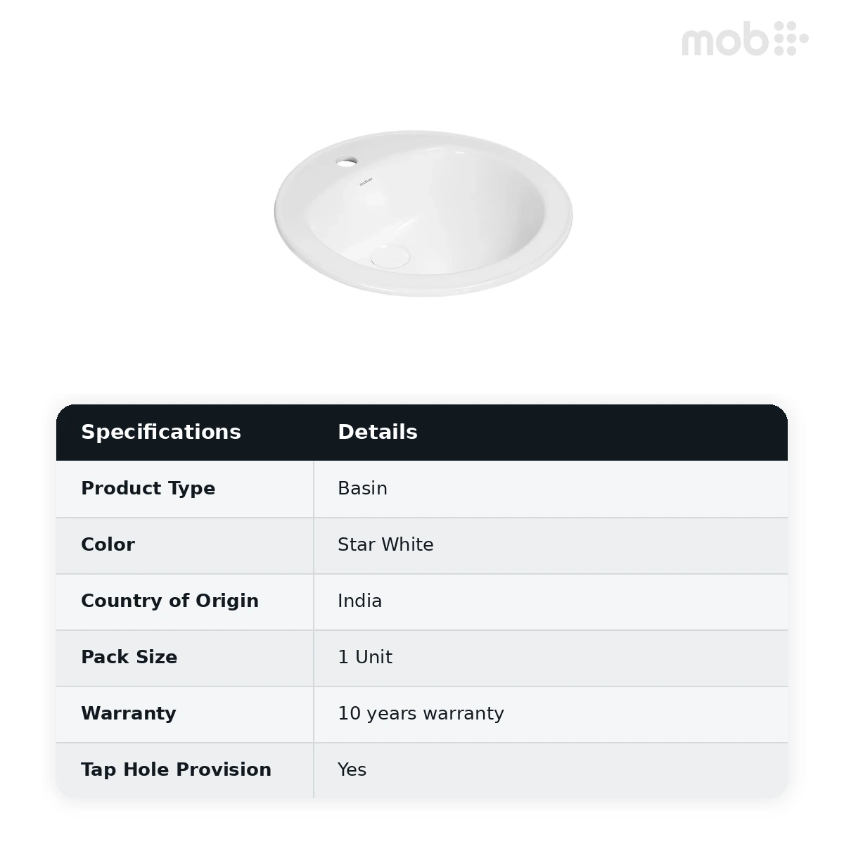 Hindware Round Starlet Counter Top Basin, Size : 490 mm Dia, ID : 10052, Star White - image 2