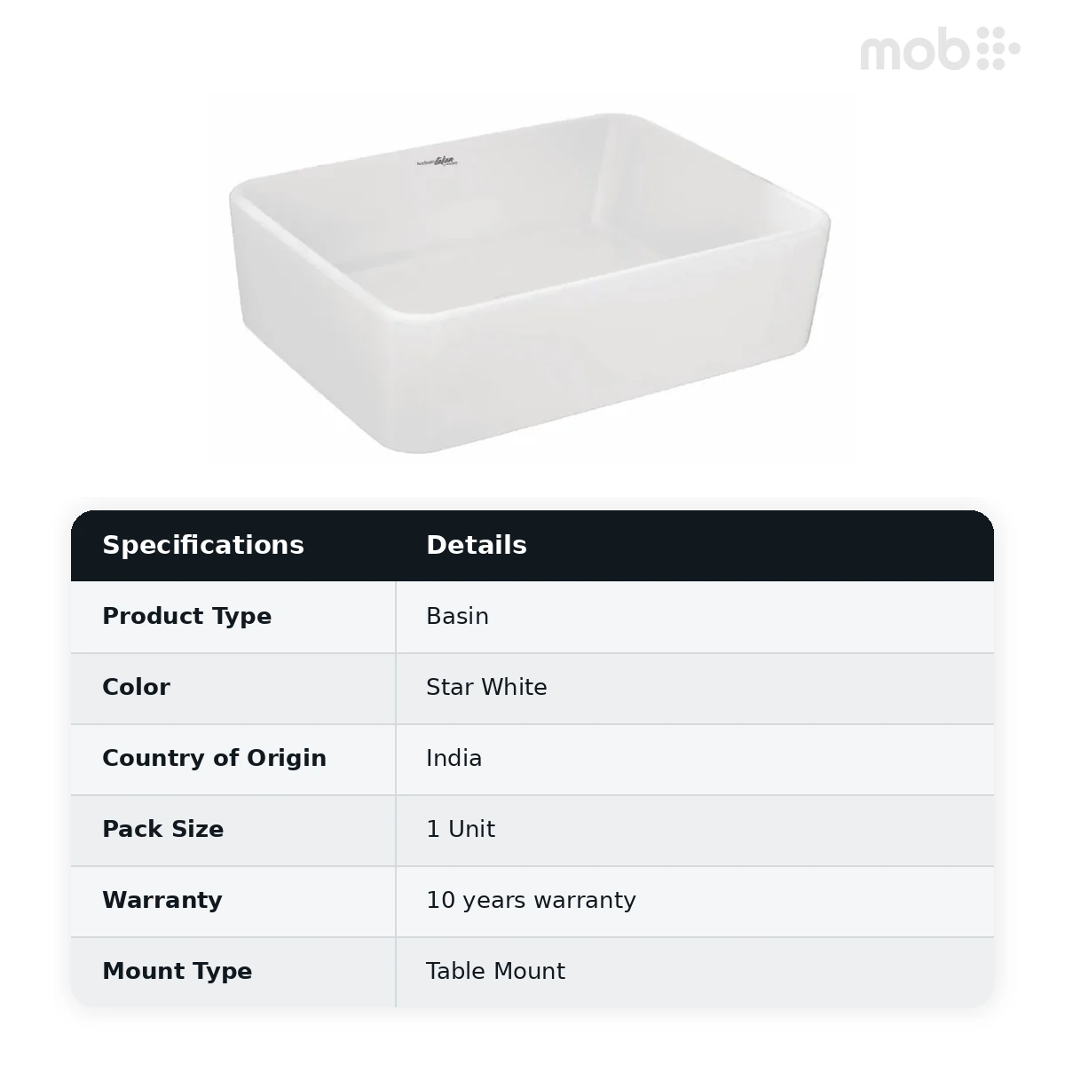 Hindware Rubbic Over the Counter Basin, Size : 480 x 365 x 135 mm, ID : 91041, Star White - image 2