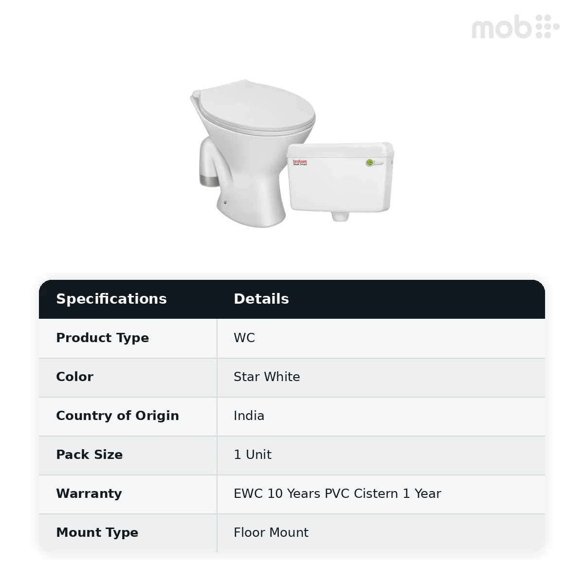Hindware Slick-S Combo Standard Toilet, Size : (EWC): 575 x 360 x 390 mm & (CISTERN): 475 x 148 x 305 mm, ID : 519009 (S-285), Star White - image 2