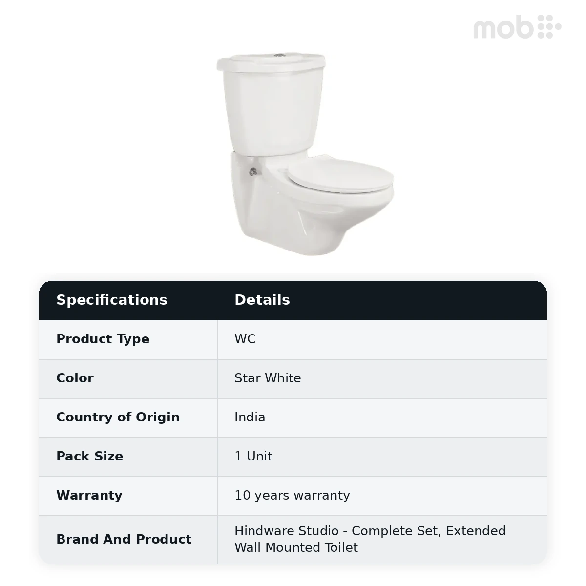 Hindware Studio - Complete Set, Extended Wall Mounted Toilet, Size : 660 x 460 x 775 mm, EWC : 20058 (P-155) & Cistern with Lid : 21028, Star White - image 2