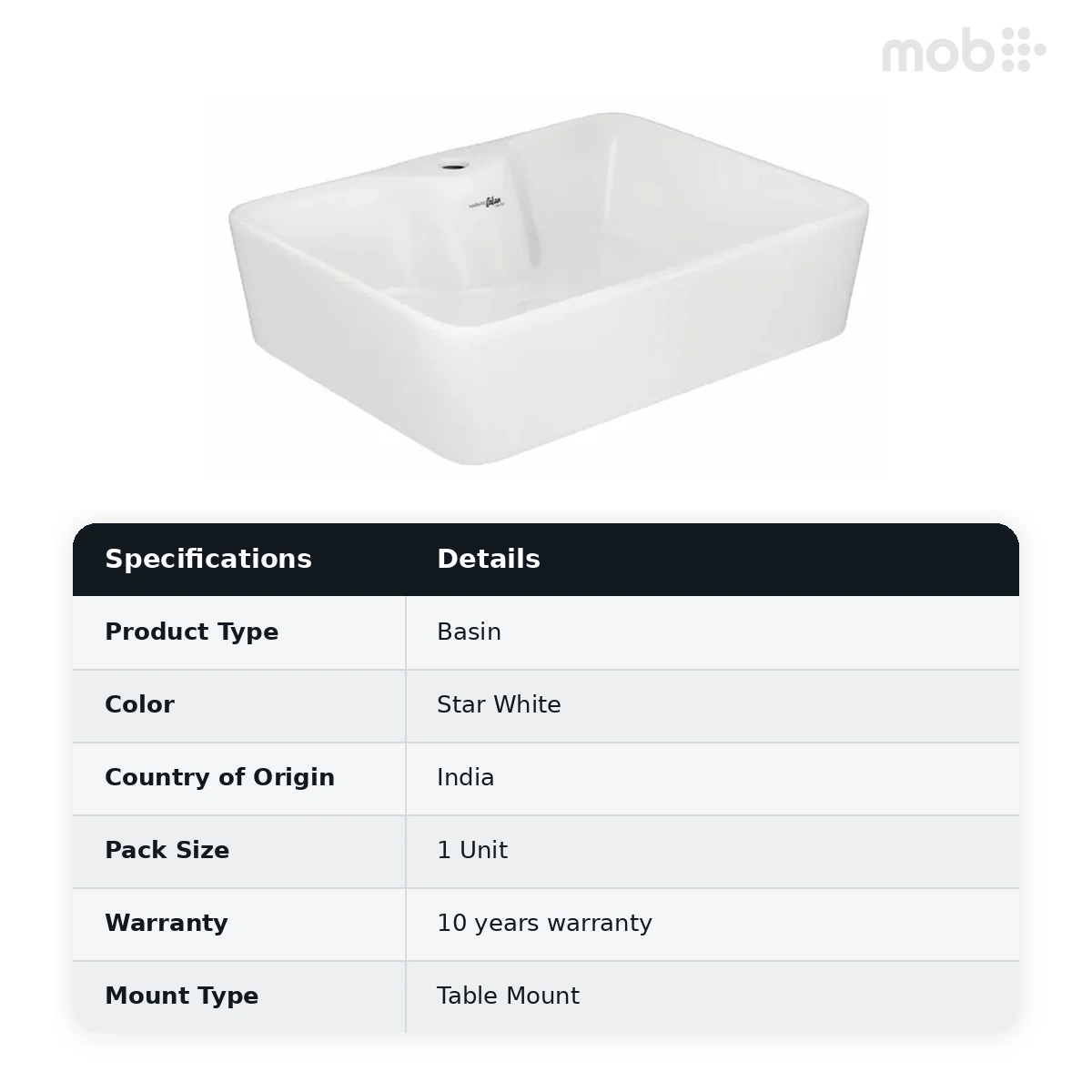 Hindware Vasca Over the Counter Basin, Size : 480 x 370 x 130 mm, ID : 91066, Star White - image 2