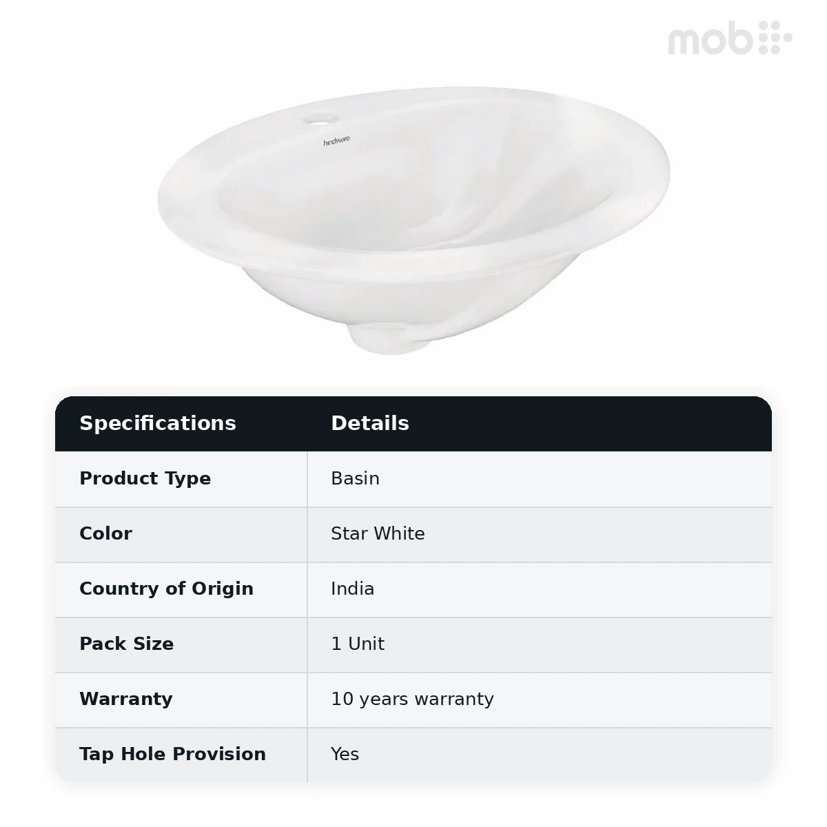 Hindware Vienne Oval Counter Top Basin, Size : 510 x 430 mm, ID : 10038, Star White - image 2