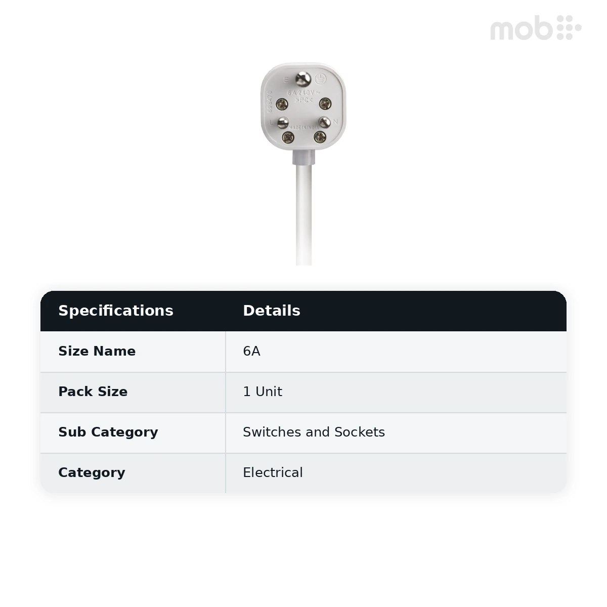 IndoAsian 6A 3-Pin Plug (ISI Mark), White Matt Finish 698470 - image 2