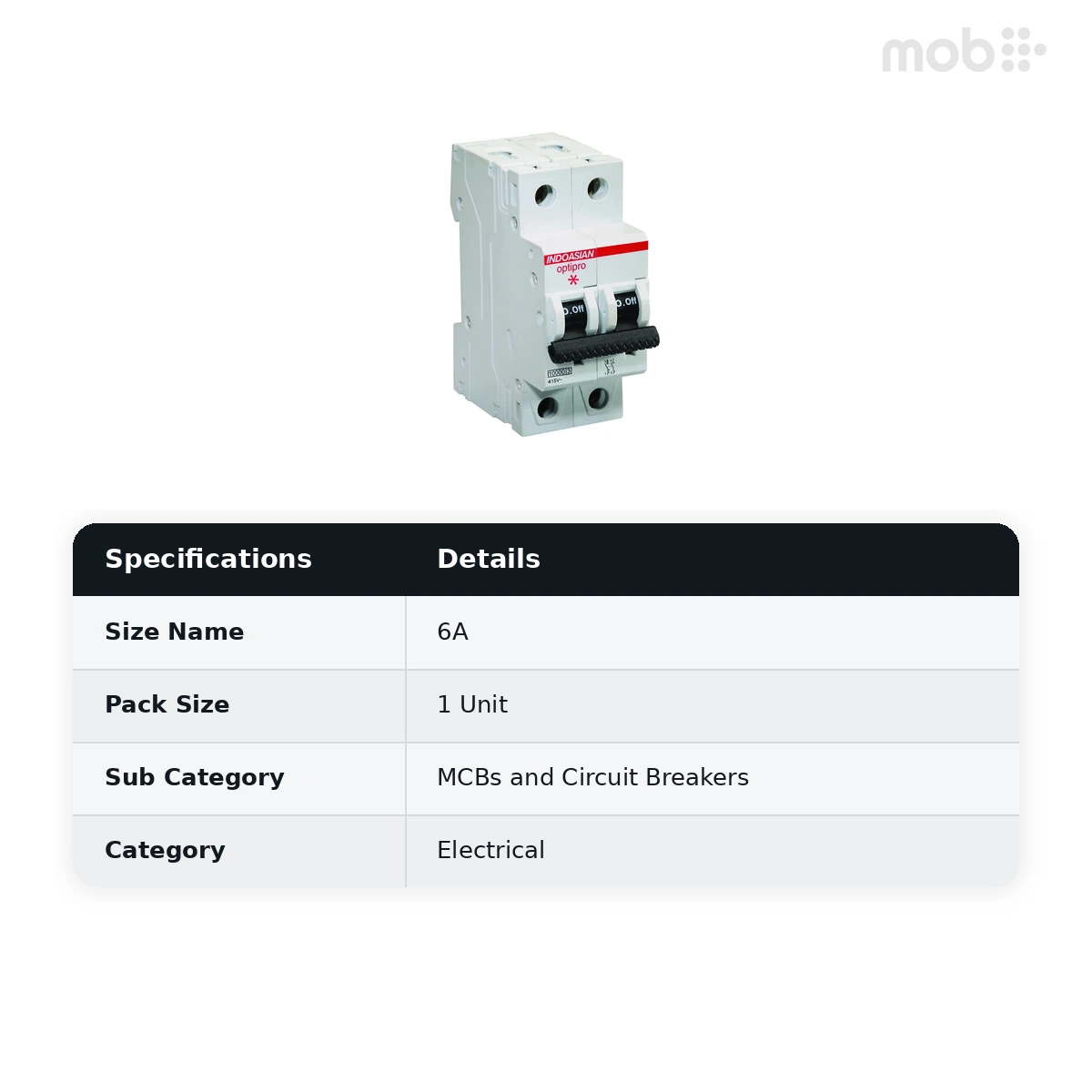 IndoAsian Optipro C Curve Double Pole 6A Miniature Circuit Breaker (MCB) 811166 - image 2