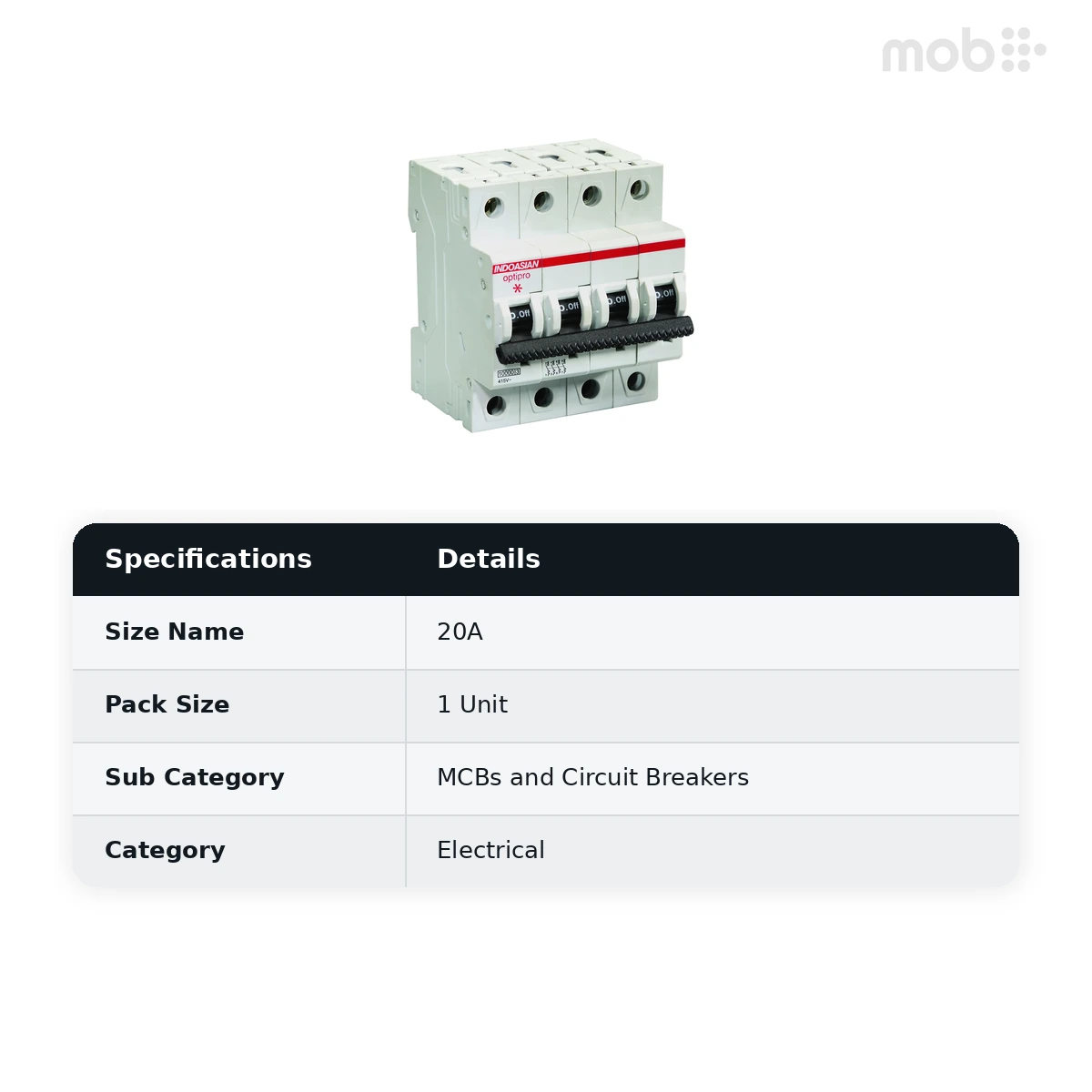 IndoAsian Optipro C Curve Four Pole 20A Miniature Circuit Breaker (MCB) 811237 - image 2