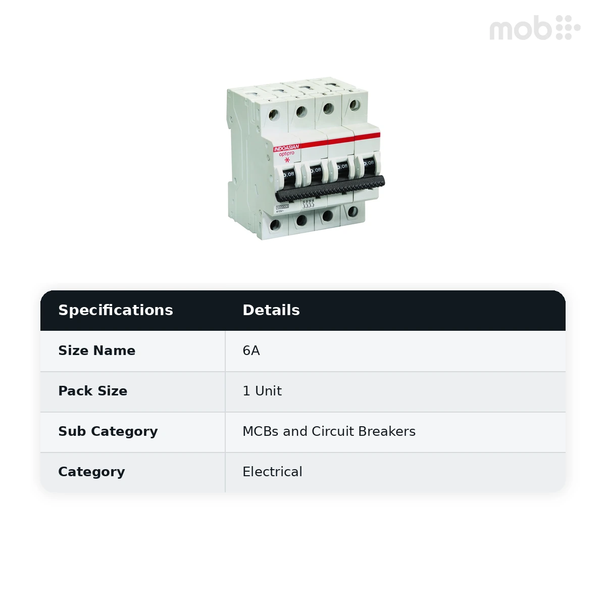 IndoAsian Optipro C Curve Four Pole 6A Miniature Circuit Breaker (MCB) 811232 - image 2