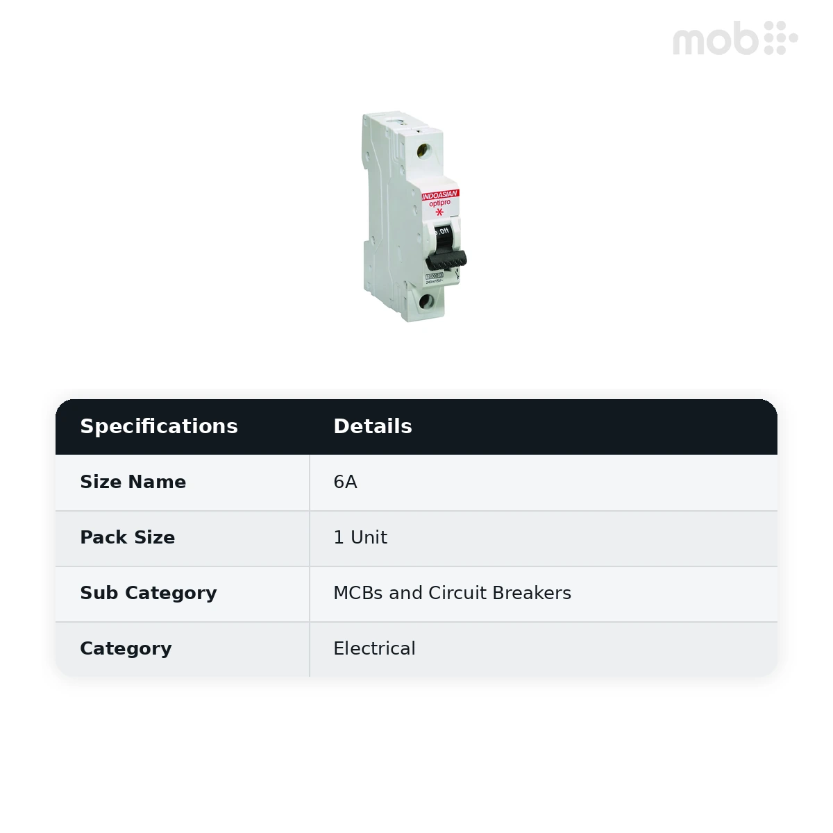 IndoAsian Optipro C Curve Single Pole 6A Miniature Circuit Breaker (MCB) 811122 - image 2