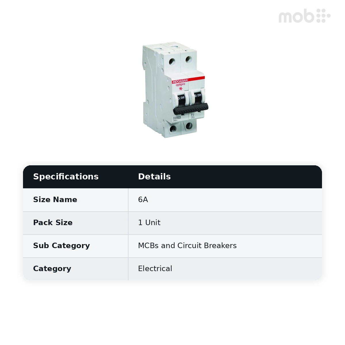 IndoAsian Optipro C Curve Single Pole Neutral 6A Miniature Circuit Breaker (MCB) 811144 - image 2