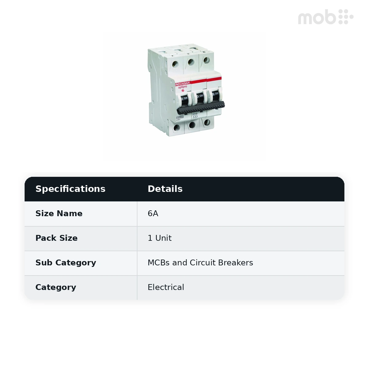 IndoAsian Optipro C Curve Three Pole 6A Miniature Circuit Breaker (MCB) 811188 - image 2