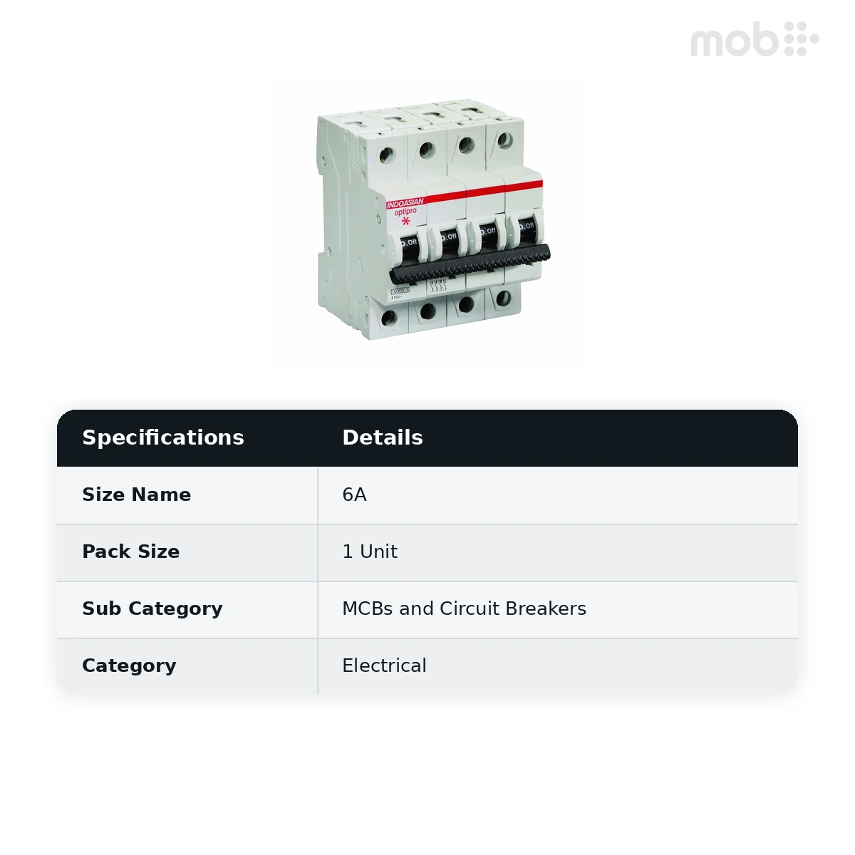 IndoAsian Optipro C Curve Three Pole Neutral 6A Miniature Circuit Breaker (MCB) 811210 - image 2
