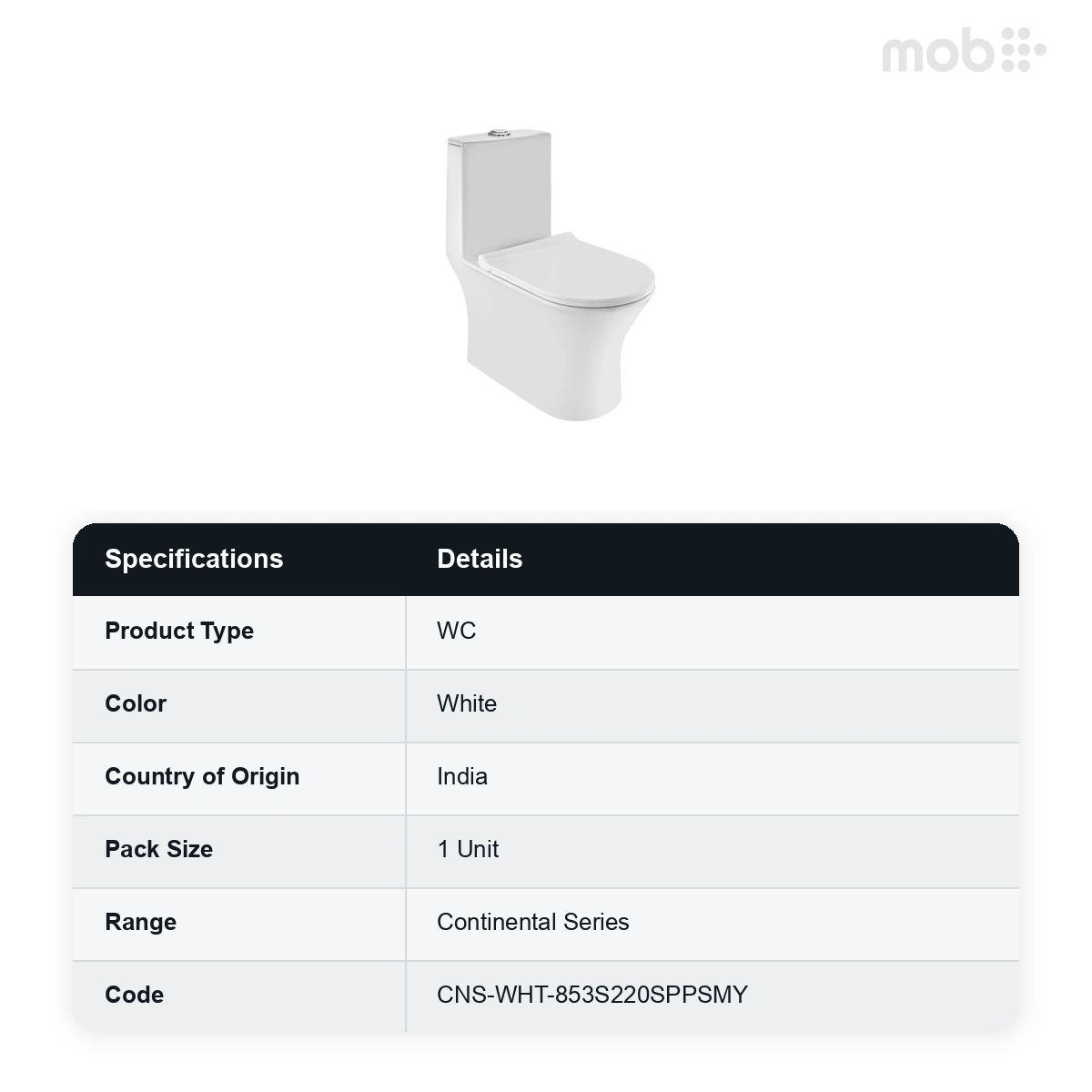 Jaquar - Continental Series - Rimless Single Piece Wc, Size: 365 X 680 X 740 Mm, S Trap- 220 Mm - CNS-WHT-853S220SPPSMY, White - image 2