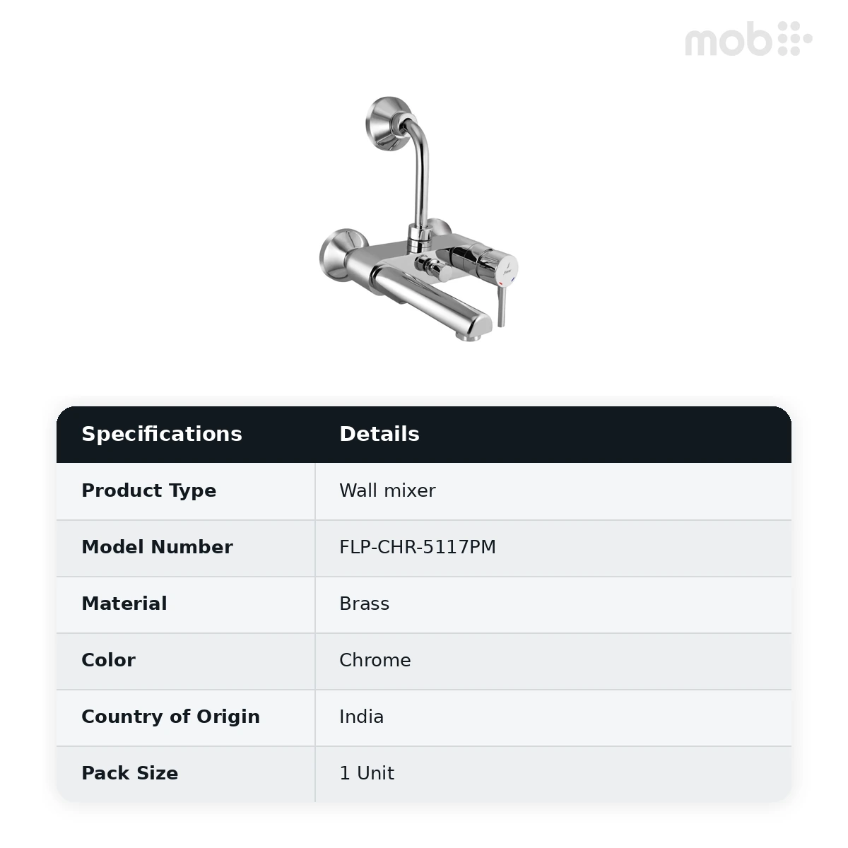 Jaquar Florentine Prime Single Lever Bath & Shower Wall Mixer with Overhead Shower Provision, 115 mm Bend Pipe, Chrome | Code: FLP-CHR-5117PM - image 2