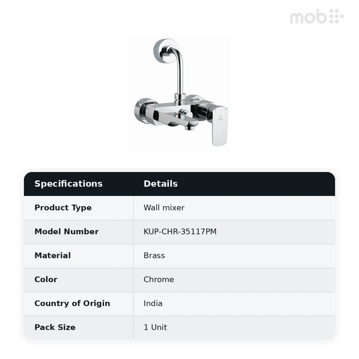 Jaquar Kubix Prime Single Lever Bath & Shower Wall Mixer with Overhead Shower Provision, 115 mm Bend Pipe, Chrome | Code: KUP-CHR-35117PM - image 2