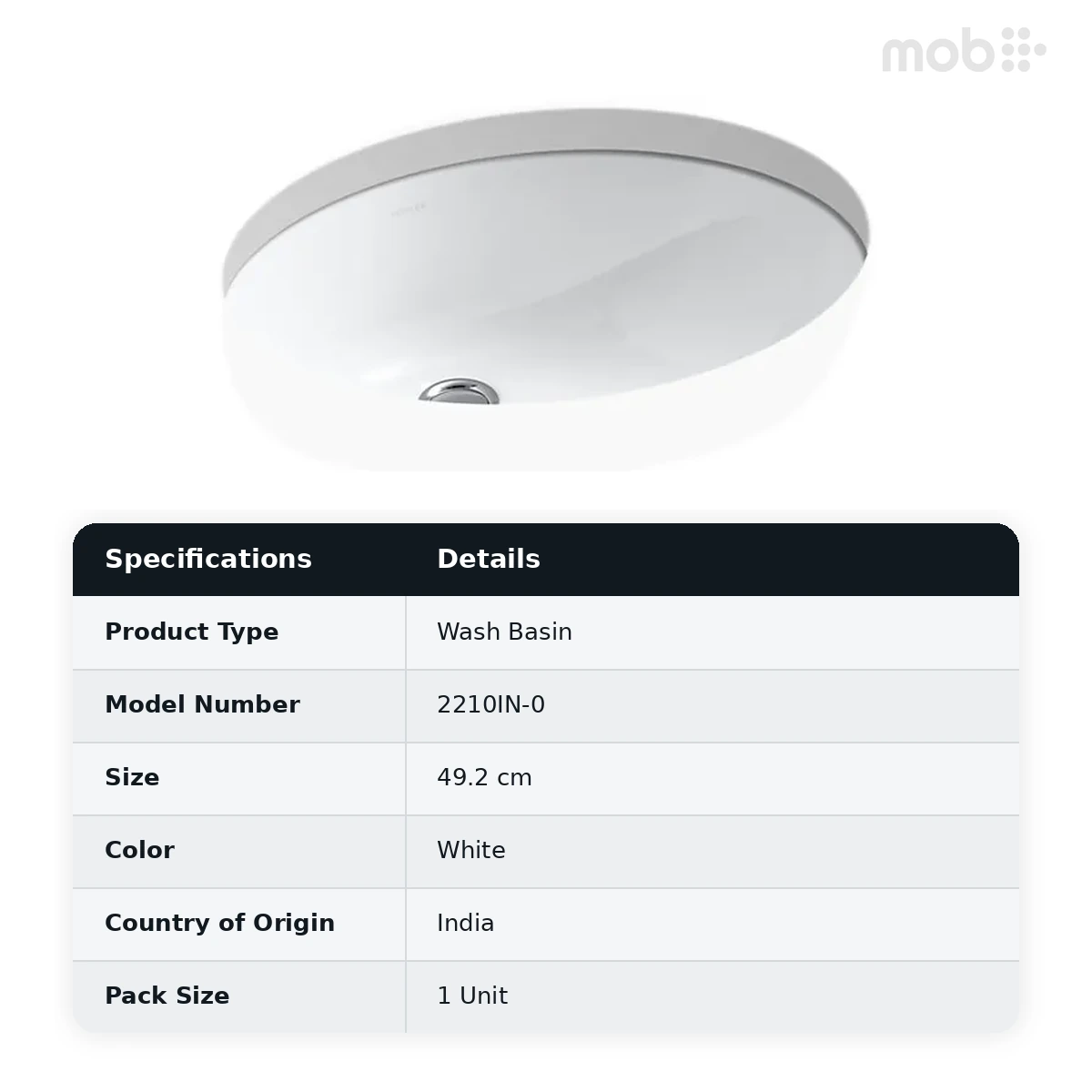 Kohler Caxton™ 49.2 cm oval undercounter bathroom sink with glazed underside, Cat. No.: 2210IN-0, White - image 2
