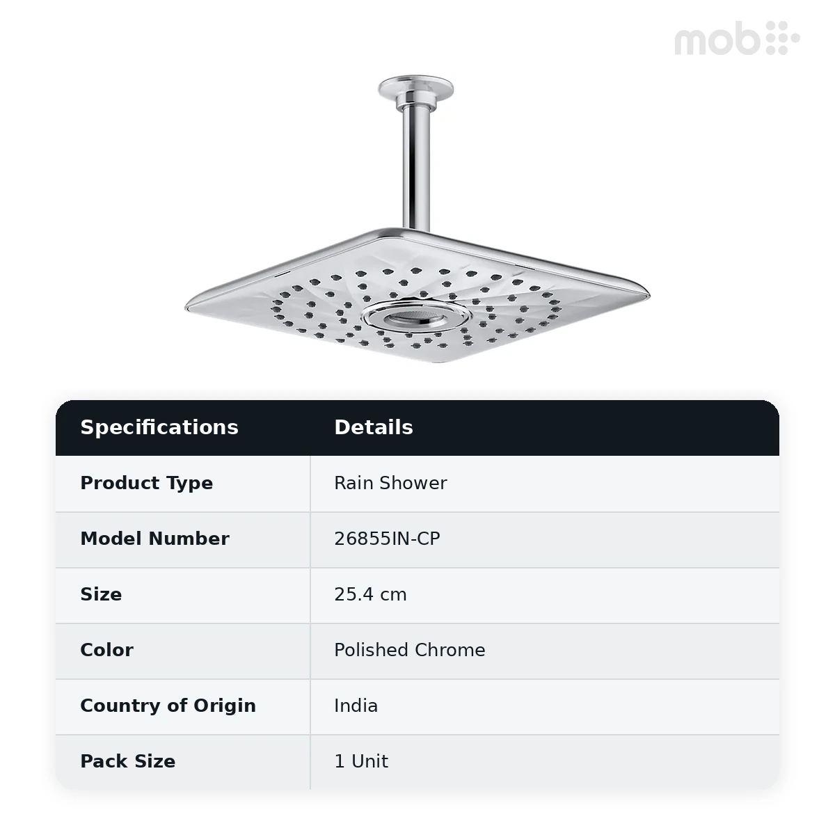Kohler Rain Max Square 25.4 cm single-function rainhead, 22 lpm, Cat. No.: 26855IN-CP, Polished Chrome - image 2