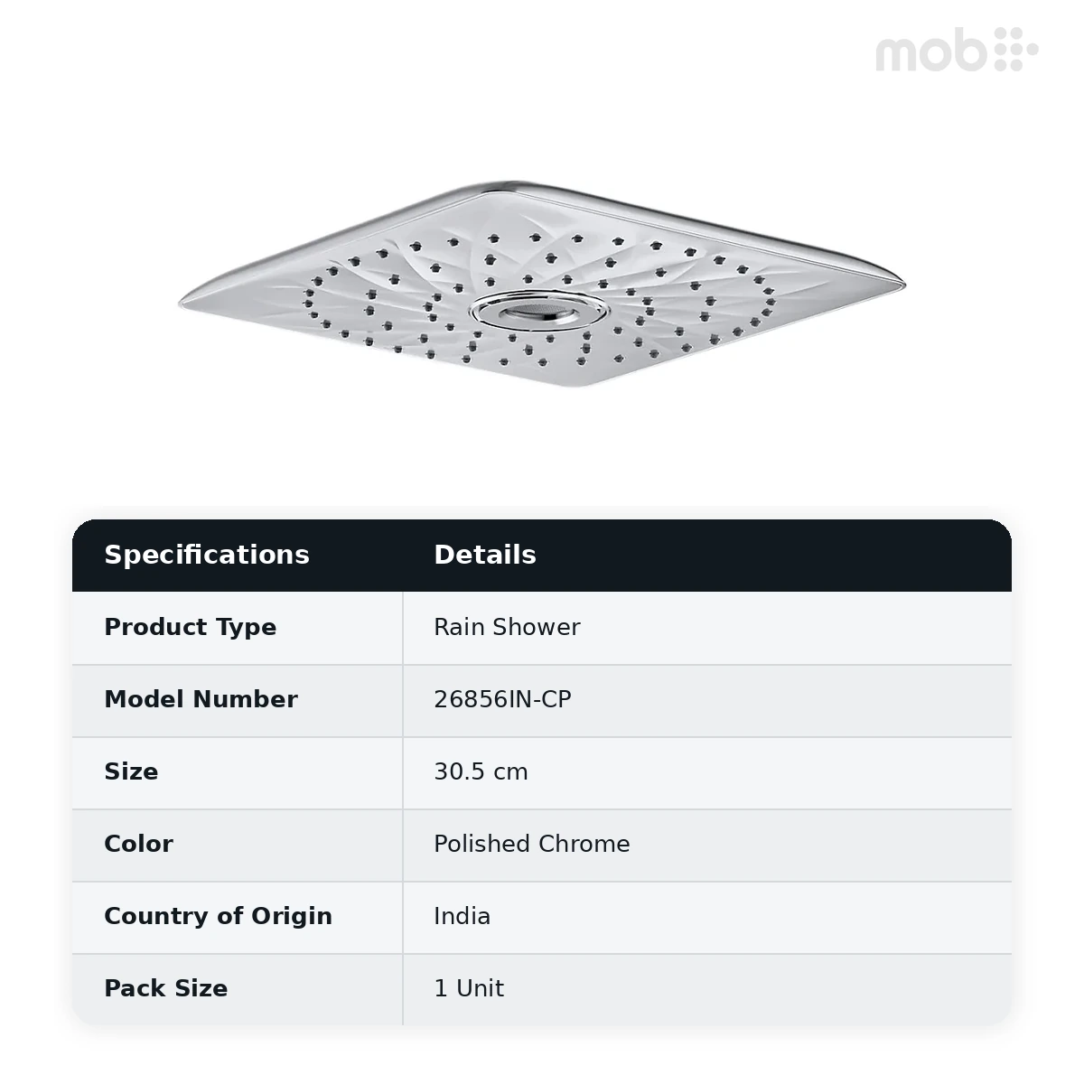 Kohler Rain Max Square 30.5 cm single-function rainhead, 22 lpm, Cat. No.: 26856IN-CP, Polished Chrome - image 2