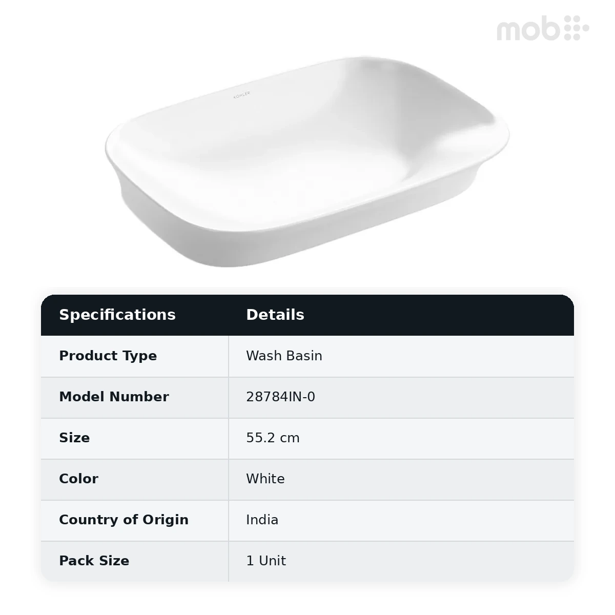 Kohler VIVE® 55.2 cm rectangular vessel bathroom sink, no overflow, Cat. No.: 28784IN-0, White - image 2
