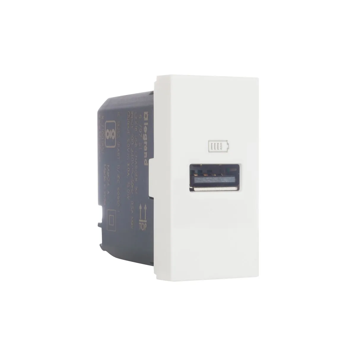 Legrand Myrius USB Charger - 3000mA/15 Watts - Type A - 1 Module, Cat. No.: 6797 51