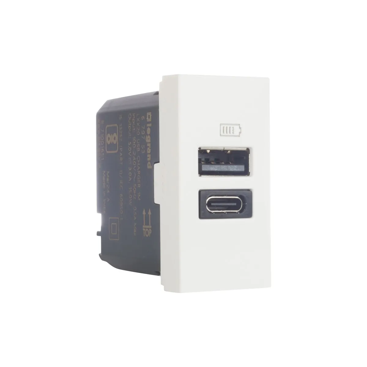 Legrand Myrius USB Charger - 3000mA/15 Watts - Type A + C - 1 Module, Cat. No.: 6797 53