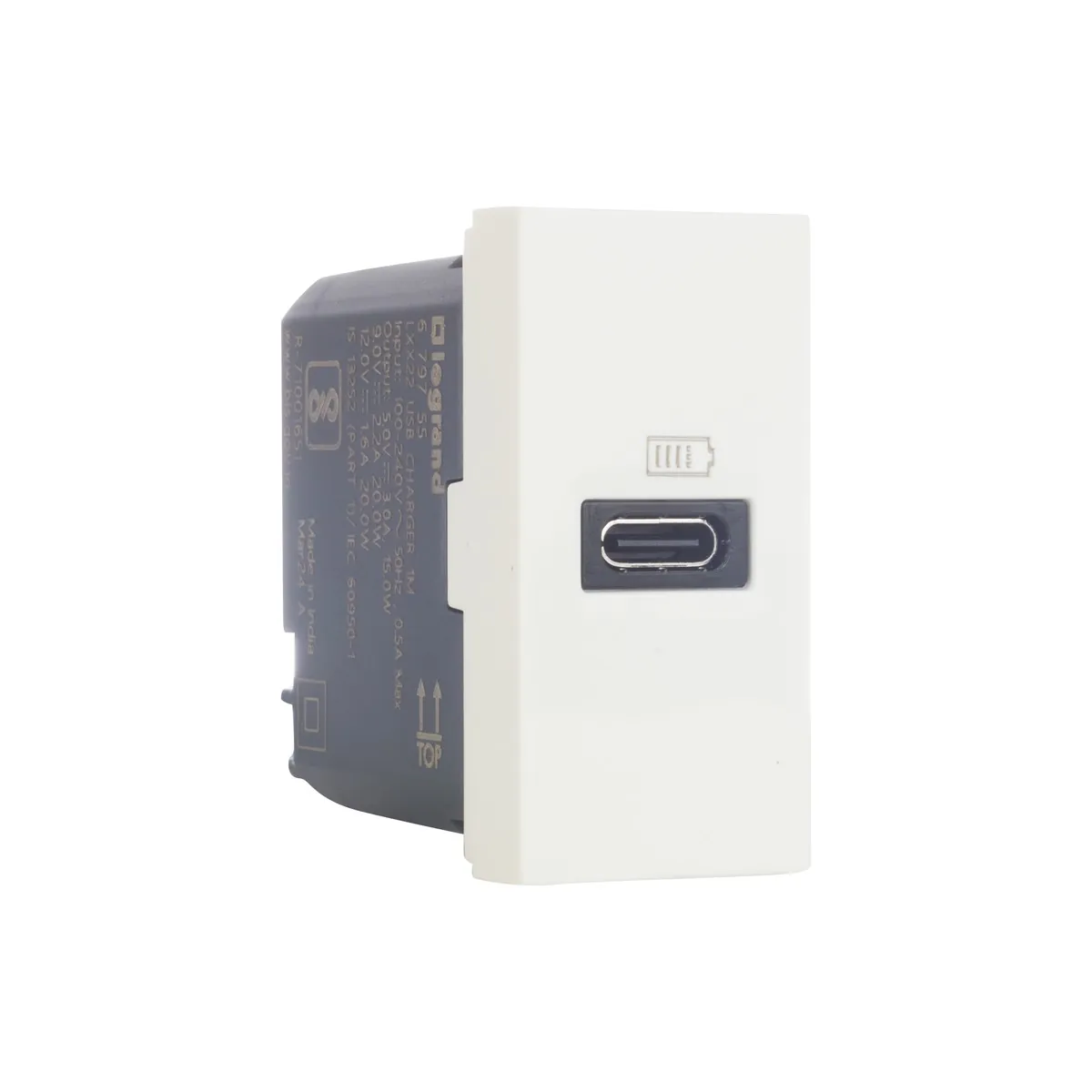 Legrand Myrius USB Charger - Power Delivery - 20 Watts - Type C - 1 Module, Cat. No.: 6797 55