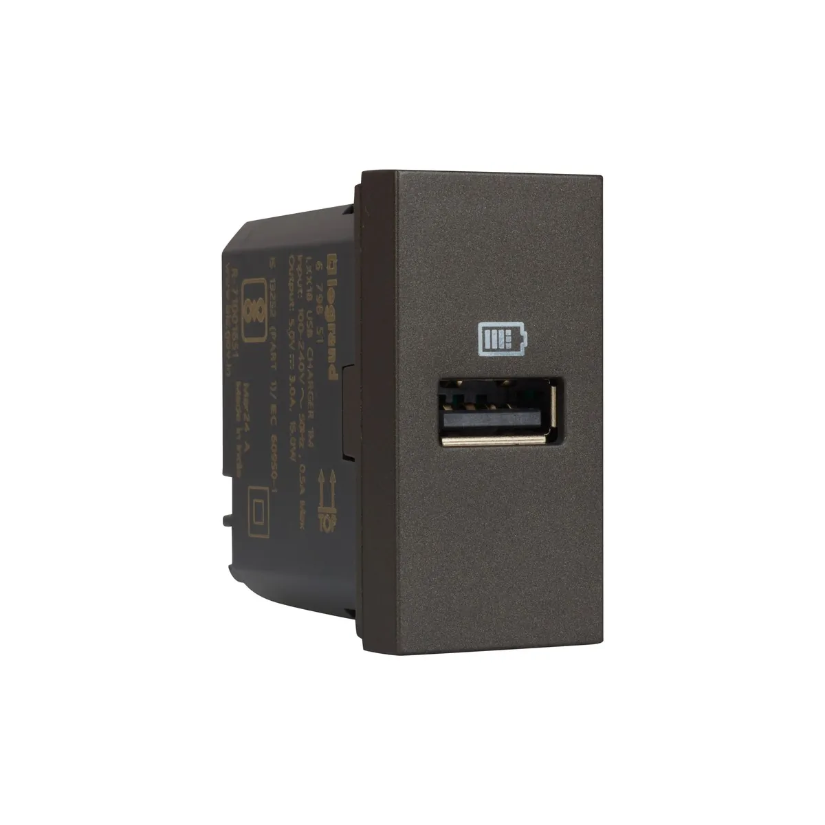 Legrand Myrius USB Charger - 3000mA/15 Watts - Type A - 1 Module, Cat. No.: 6798 51