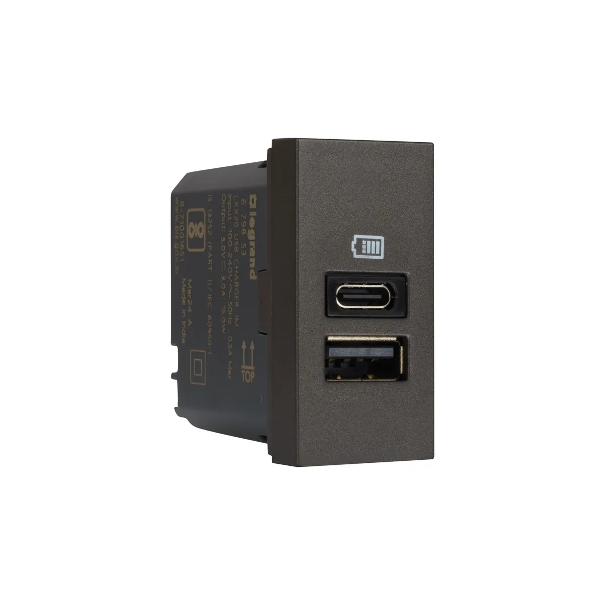 Legrand Myrius USB Charger - 3000mA/15 Watts - Type A + C - 1 Module, Cat. No.: 6798 53