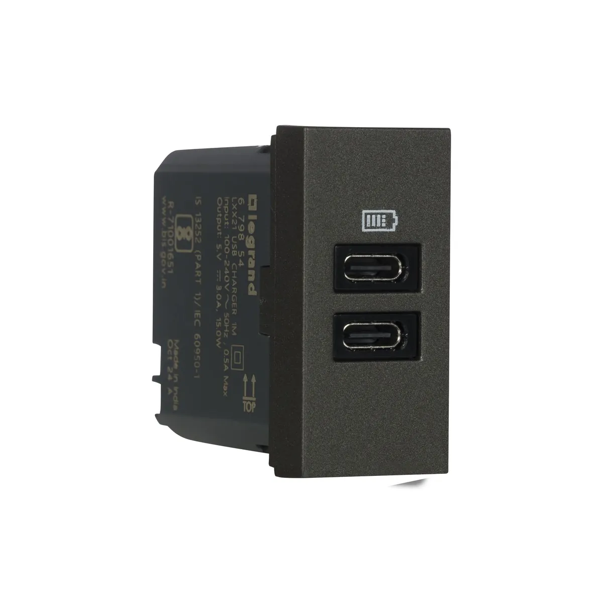 Legrand Myrius USB Charger - 3000mA/15 Watts - Type C + C - 1 Module, Cat. No.: 6798 54