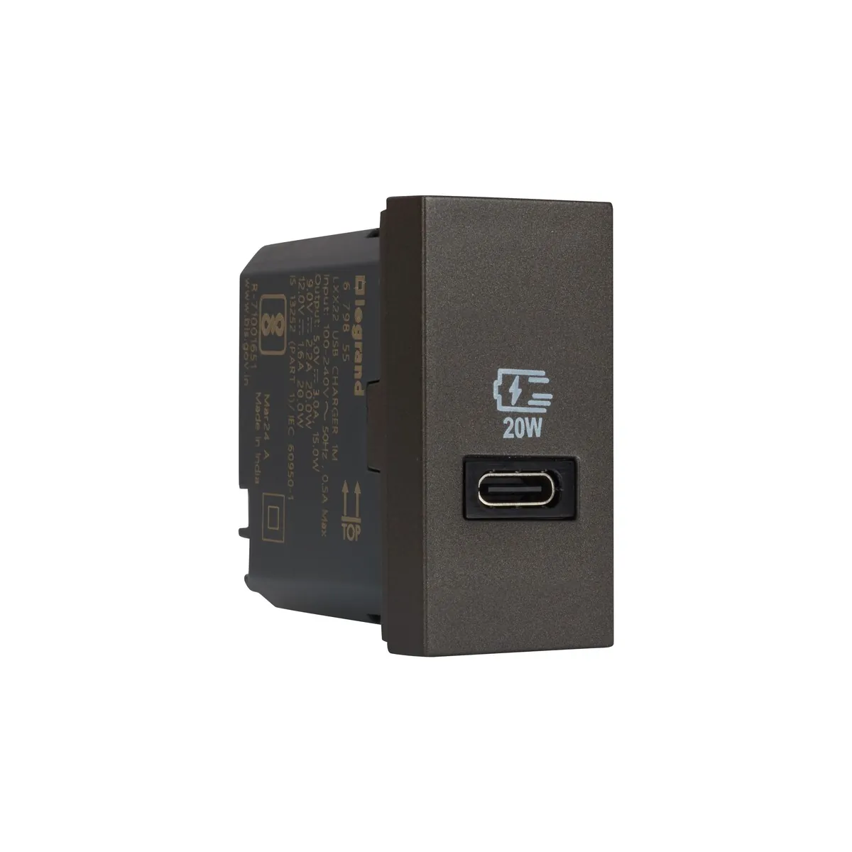 Legrand Myrius USB Charger - Power Delivery - 20 Watts - Type C - 1 Module, Cat. No.: 6798 55