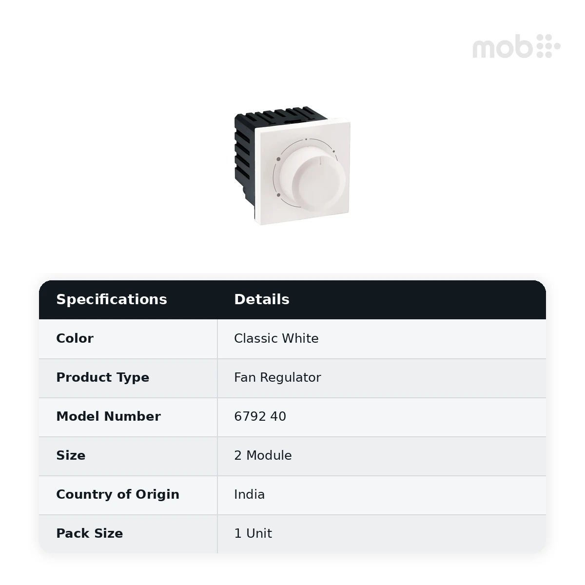 Legrand Myrius Fan Regulator - 100 Watts - 360° - ISI - 2 Module, Cat. No.: 6792 40