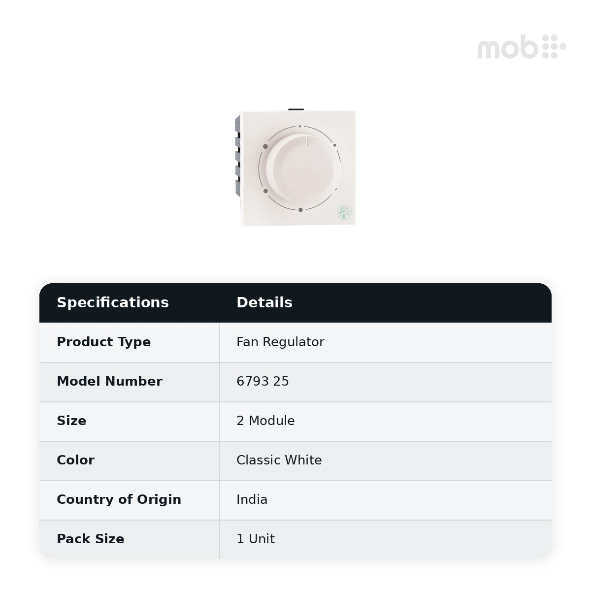 Legrand Myrius Fan Regulator - 120 Watts - 360° - ISI - 2 Module - Anti - Bacterial, Cat. No.: 6793 25 - image 2