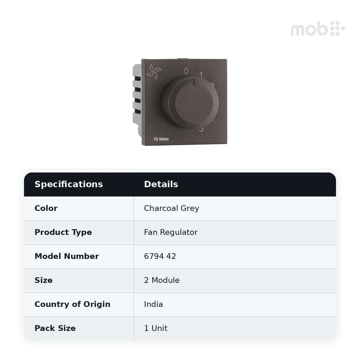 Legrand Myrius Fan Regulator - 70 Watts - ISI - 2 Module, Cat. No.: 6794 42 - image 2