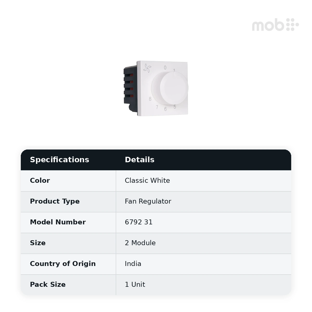 Legrand Myrius Fan Regulator - 8 Step - 100 Watts ISI - 2 Module, Cat. No.: 6792 31 - image 2