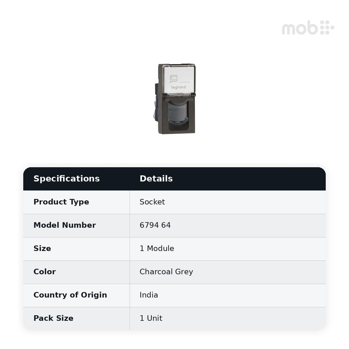 Legrand Myrius Information Socket - RJ45 - Cat 5E - UTP - Tooless with Shutter - 1 Module, Cat. No.: 6794 64 - image 2