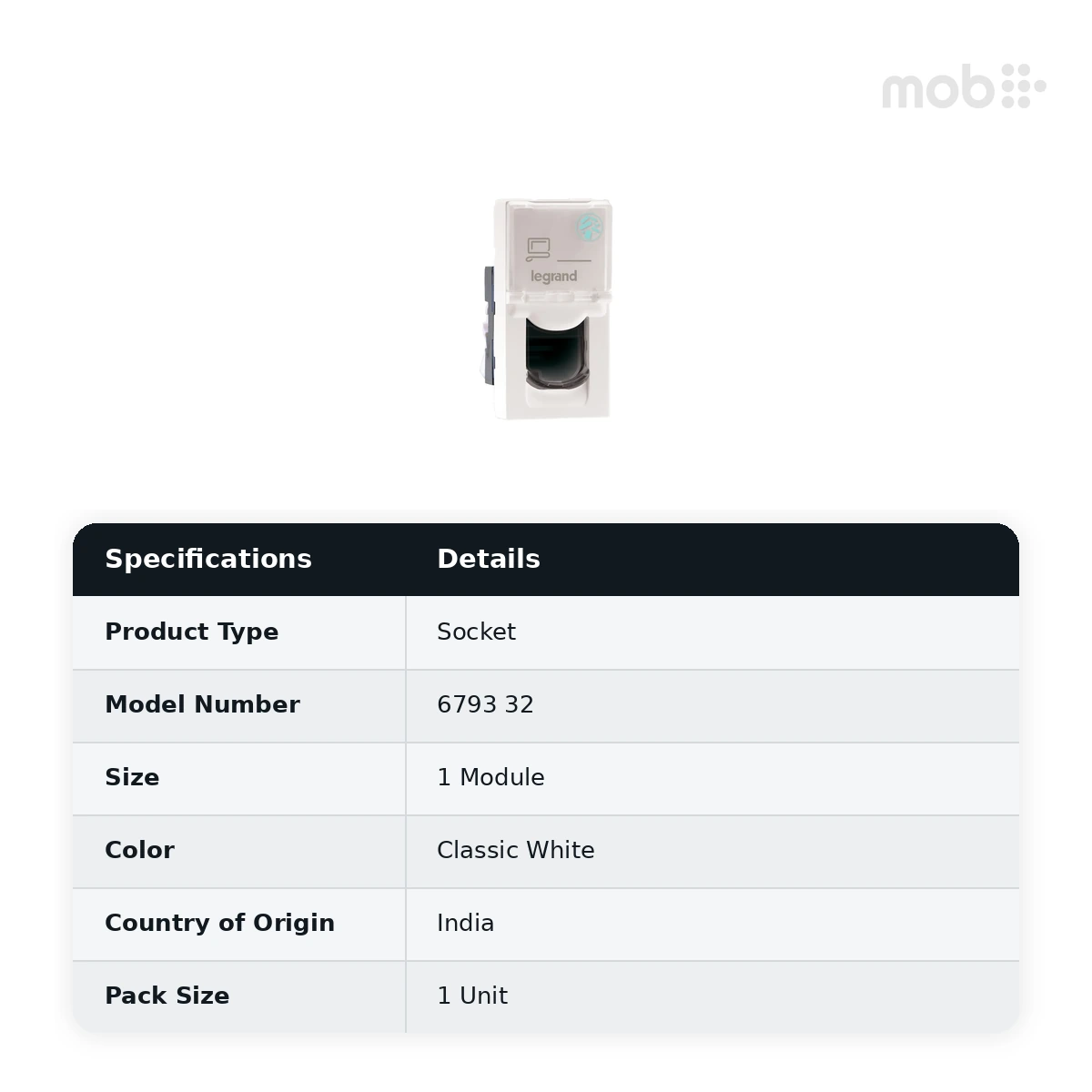 Legrand Myrius Information Socket - RJ45 - Cat 6 - UTP - 1 Module - Anti - Bacterial, Cat. No.: 6793 32 - image 2